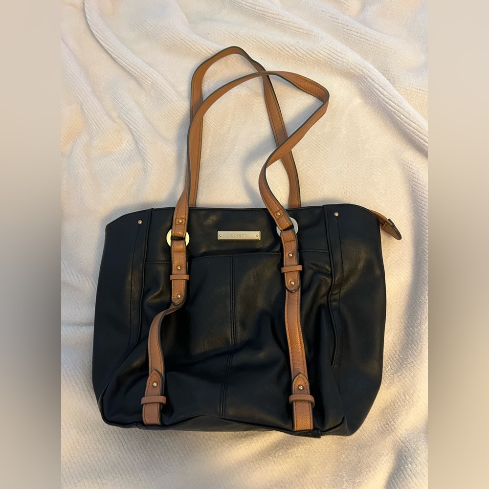 Black Shoulder Bag with Dark Tan Trim & Pocket/Zipper Space